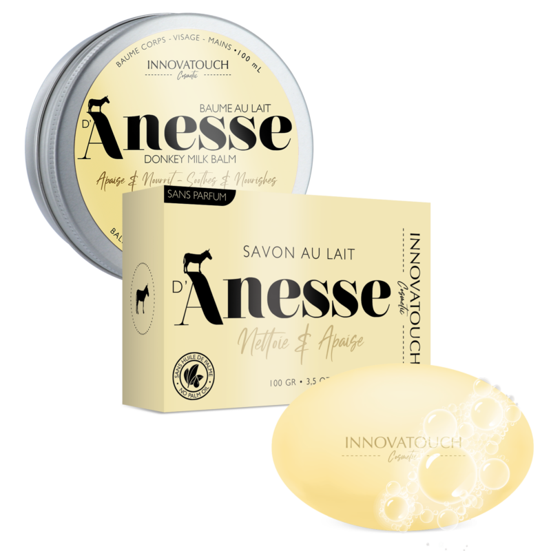 Duo Harmonie Innovatouch avec Baume Hydratant et Savon Apaisant au Lait d'Ânesse, présentés dans des emballages élégants de couleur crème et or, évoquant la pureté et les bienfaits nourrissants pour le soin du corps, visage et mains, sans parfum ajouté.