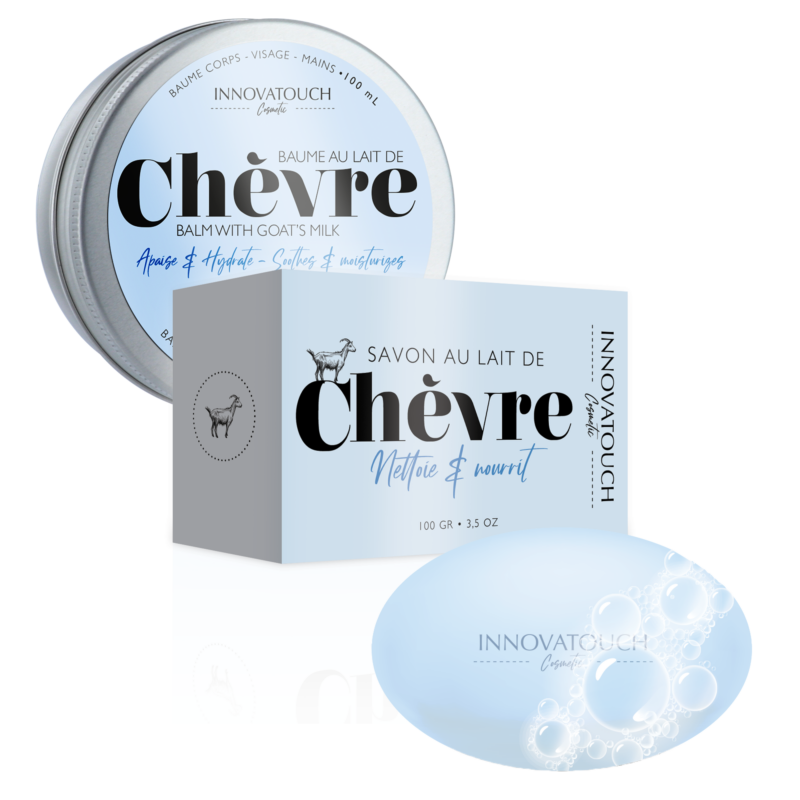 Duo douceur au lait de chèvre, contient un baume et un savon au lait de chèvre.