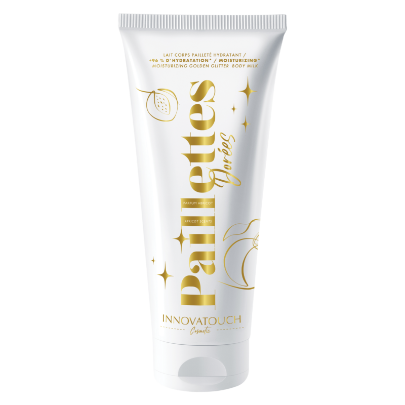 Lait corps pailleté note abricot INNOVATOUCH Cosmetic avec des paillettes dorées