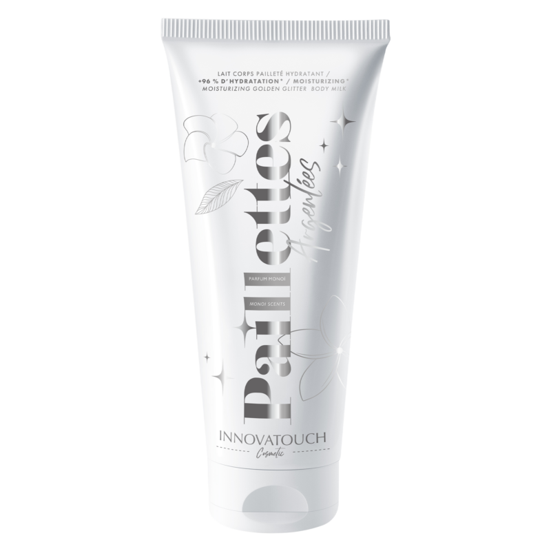 Lait corps pailleté note monoï innovatouch cosmetic avec des paillettes argentées