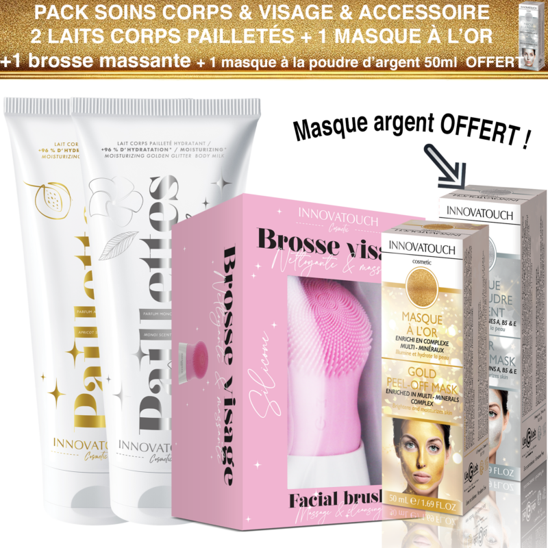 Pack soins accessoire corps & visage Innovatouch Cosmetic. Contient un lait corps pailleté note abricot; un lait corps pailleté note monoi, une brosse massante, un masque peel off à l'or 50ml et un masque à la poudre d'argent 50ml offert