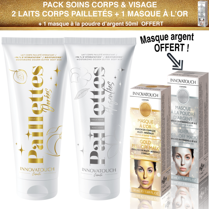 Pack soins corps & visage Innovatouch Cosmetic. Contient un lait corps pailleté note abricot; un lait corps pailleté note monoi, un masque peel off à l'or 50ml et un masque à la poudre d'argent 50ml offert