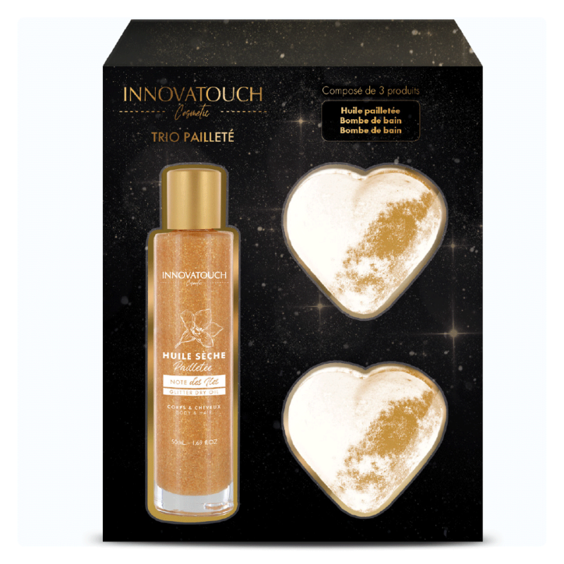 Coffret Trio pailleté Innovatouch Cosmetic. Contient une huile sèche pailletée Note des Îles et 2 bombe de bain en forme de coeur à la senteur Amande